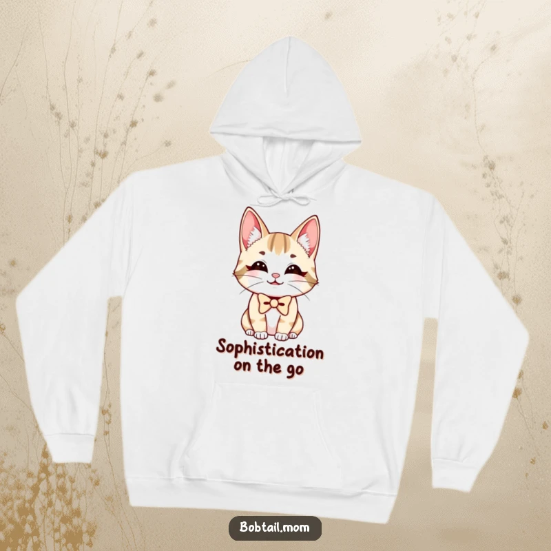 Funny Bobtail Cat Hoodie showing a charmingly smiling cat wearing a smart bowtie, offering comfort and humor.