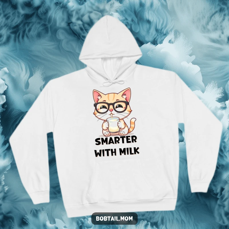 Funny hoodie showcasing a Bobtail cat wearing reading glasses, gracefully sipping milk, embodying a sophisticated and humorous persona.