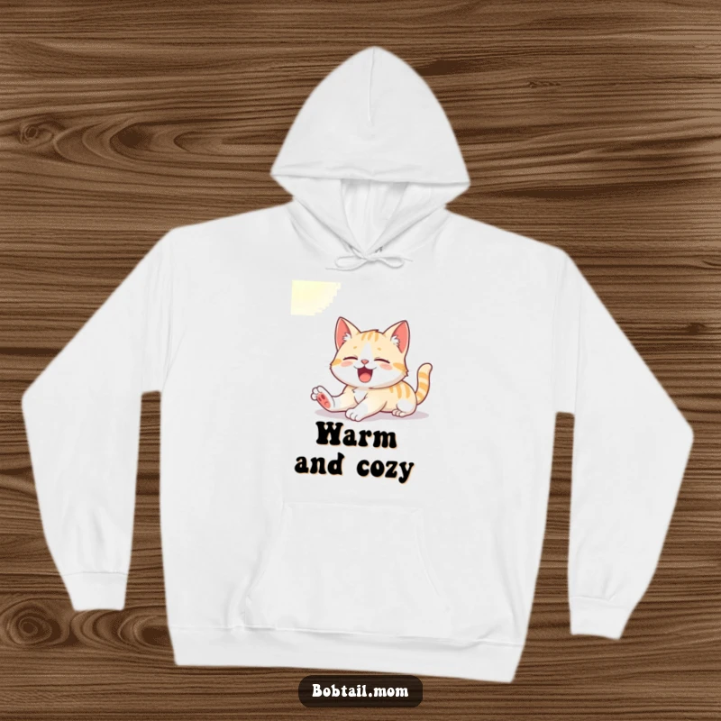 Funny hoodie featuring a cute Bobtail cat stretching with a happy yawn, basking in the warm glow of sunlight.