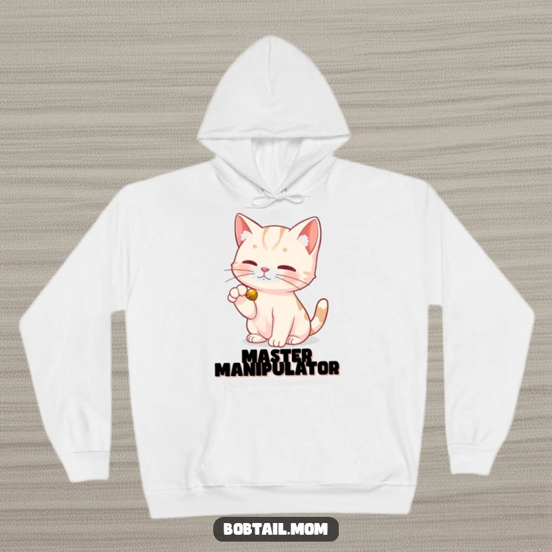 Funny Bobtail Cat Hoodie featuring a Bobtail cat delicately tapping a bell with its dainty paw, signaling a playful request.