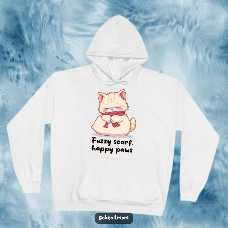 Funny Bobtail cat wearing a cozy yarn scarf, kneading a cushion, printed on a warm hoodie.