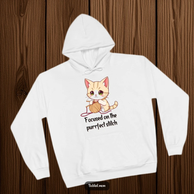 Funny bobtail cat knitting with yarn and needle, offering crafty humor and warmth in a cozy hoodie.