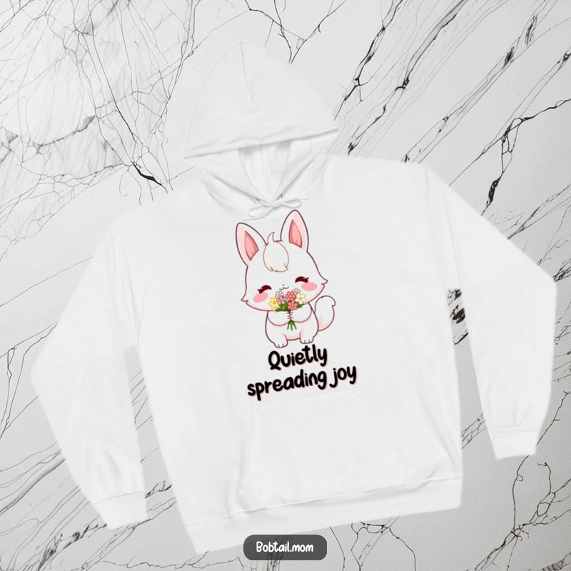 Funny Bobtail Hoodie: A shy bobtail cat offering flowers, perfect for a cozy and heartwarming humorous gift.