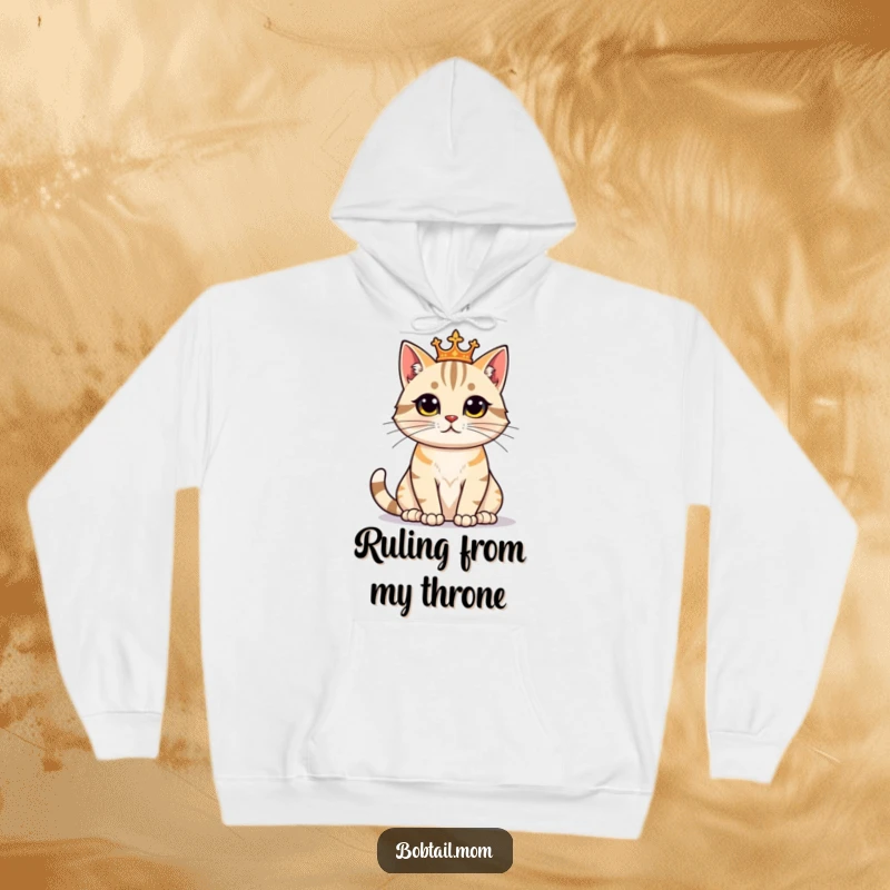 Funny Bobtail Cat Hoodie showcasing a proud feline sitting regally, offering cozy and humorous royal comfort.