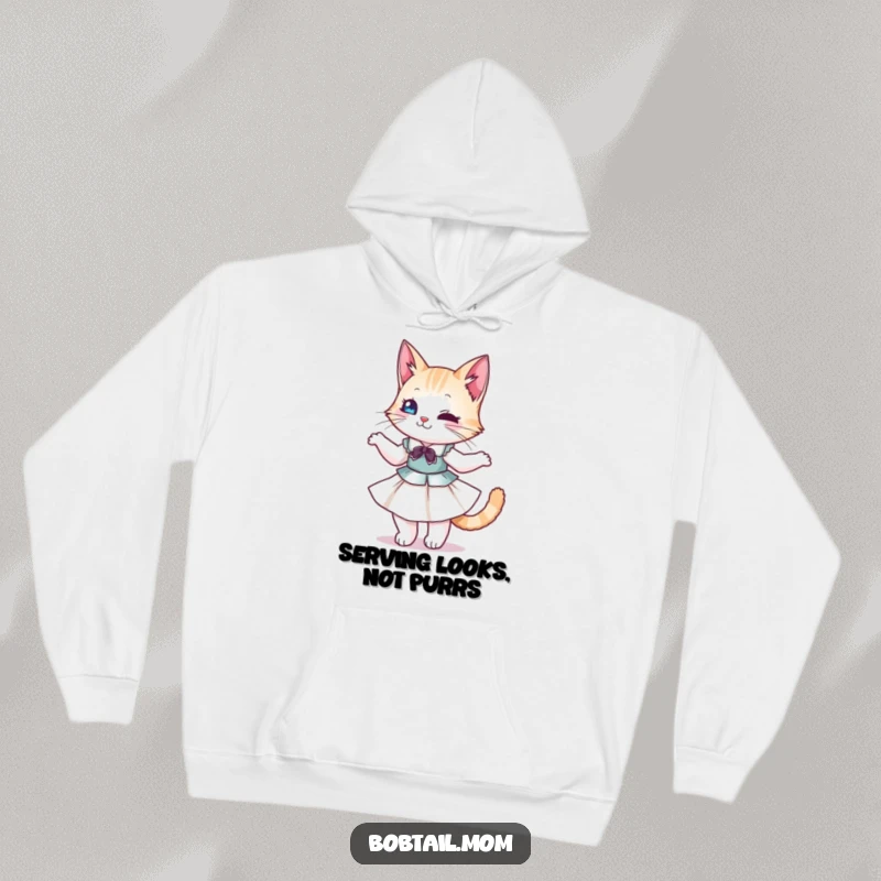 Funny Bobtail Cat Hoodie: A stylish cat wearing a dress, twirling elegantly, bringing humor and warmth.