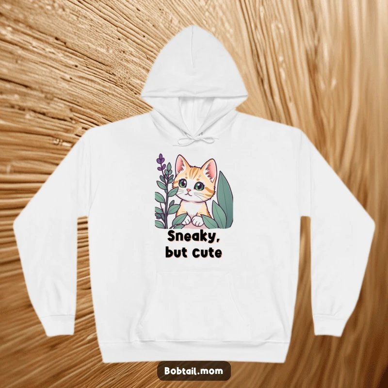 Funny Bobtail cat with wide, curious eyes peeking from behind a plant, printed on a cozy hoodie.