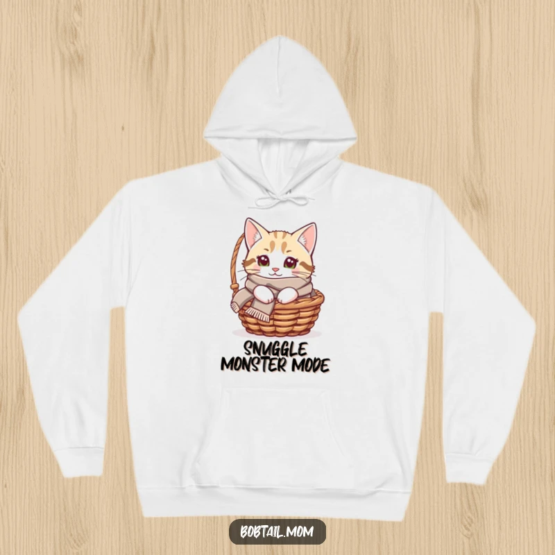 Funny Bobtail cat hoodie featuring a cat in a cozy scarf peeking from a basket, offering supreme comfort and cuteness.