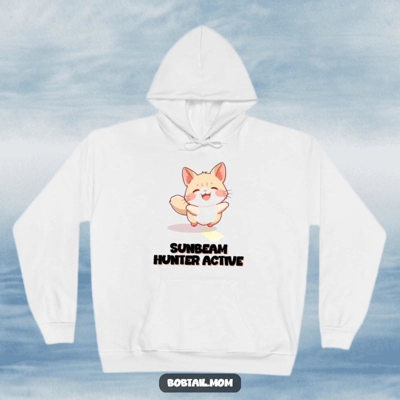 Funny Bobtail Hoodie: A bobtail cat joyfully chasing a sunbeam, perfect for a cozy and humorous gift.