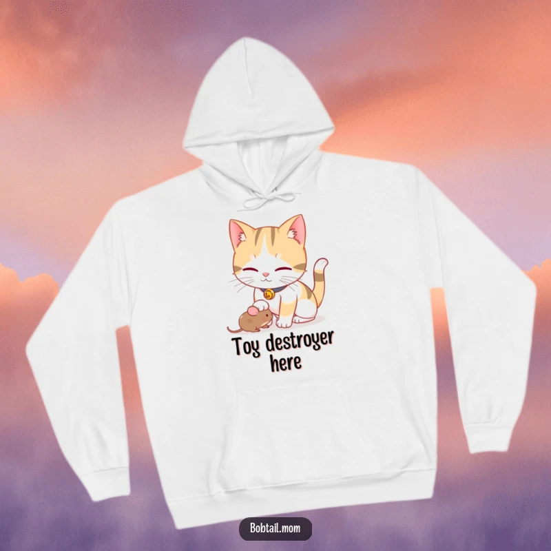 Funny Bobtail cat with a bell collar playfully nudging a toy mouse, featured on a soft, cozy hoodie.