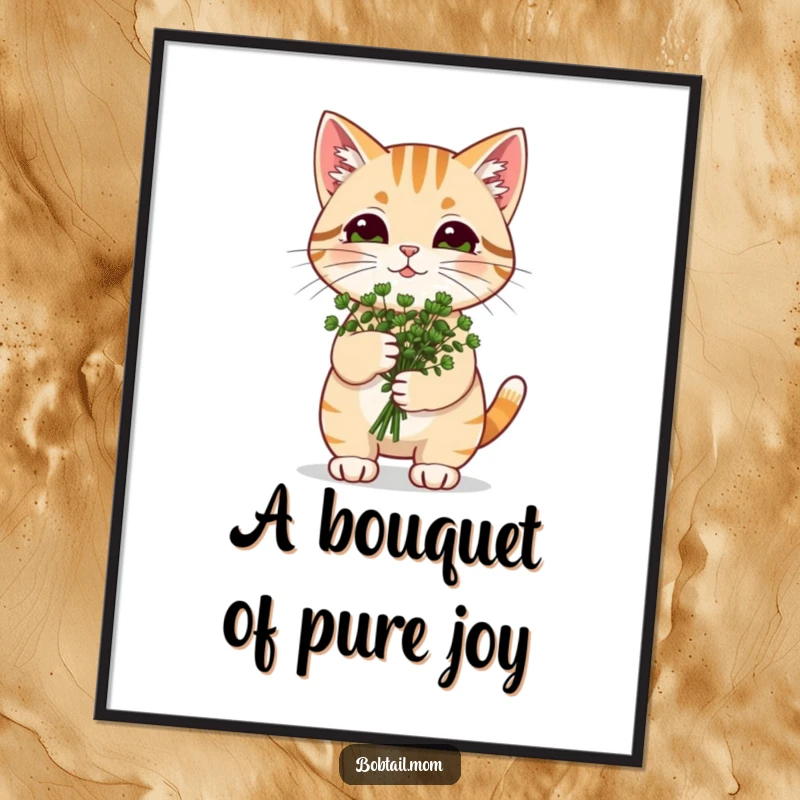 Funny Free Printable Catnip Cat Wall Art: A Bobtail cat happily carrying a miniature bouquet of fragrant catnip.