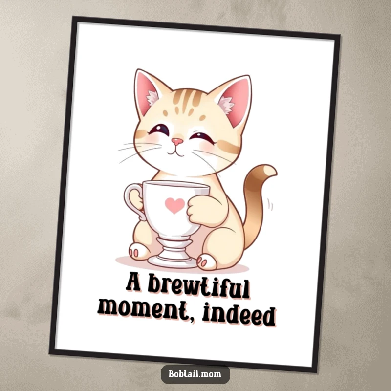 Funny Free Printable Wall Art: Elegant Bobtail cat posing with a miniature teacup, adding a touch of sophisticated humor to any room decor.