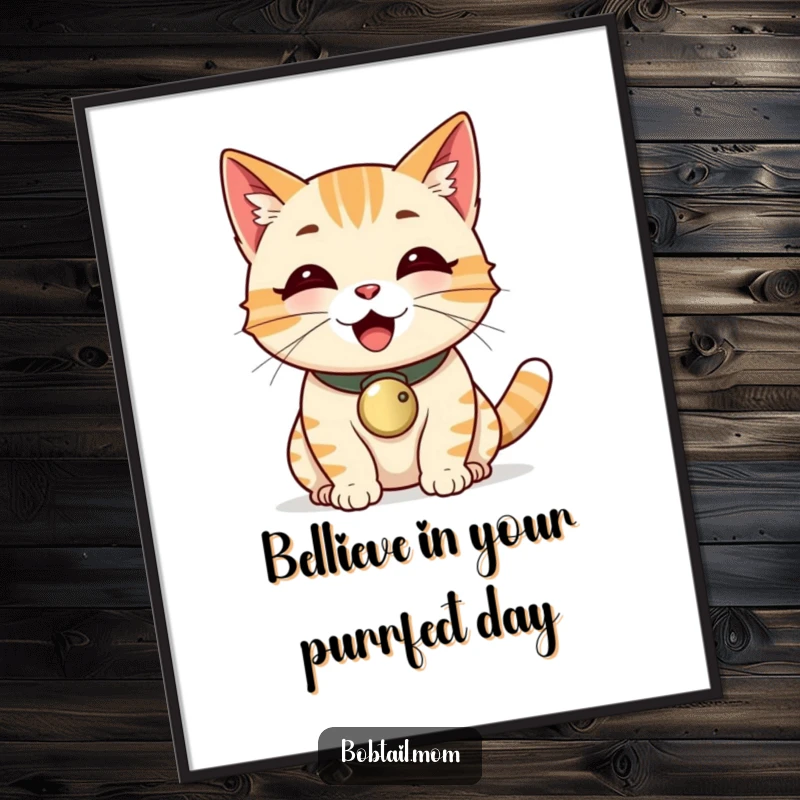 Funny Free Printable Wall Art: Happy Bobtail cat wearing a bell collar, purring loudly, radiating pure joy and good vibes.