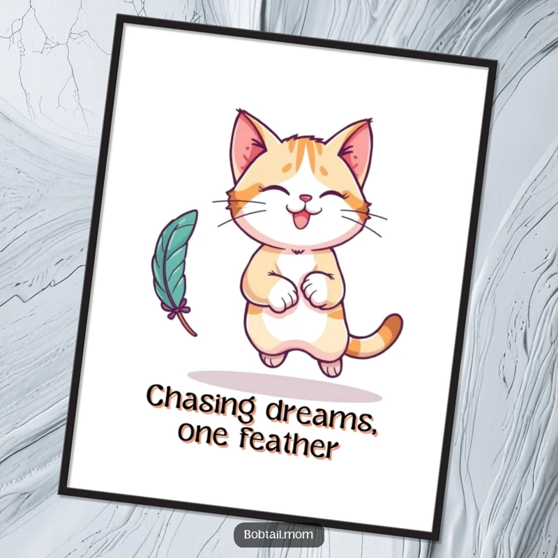 Funny Free Printable Wall Art: A Bobtail cat character captured in a dynamic, playful leap after a toy.