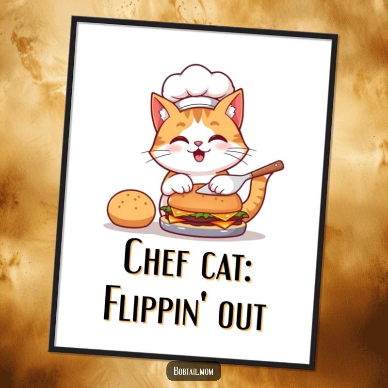 Funny Free Printable wall art of a bobtail cat wearing a chef hat, gleefully flipping a burger, ready to hang.