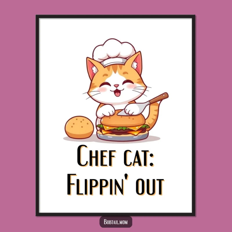 Free Printable Wall Art: Funny Bobtail Chef Cat Flipping Burger - Humorous Downloadable Art