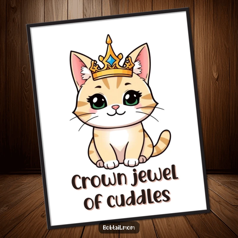 Funny Free Printable Wall Art: A majestic bobtail cat wearing a crown, smiling with regal splendor.