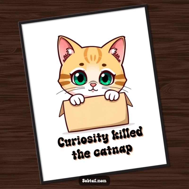 Funny Free Printable Wall Art: A curious Bobtail cat peeking from a cardboard box, looking around playfully.