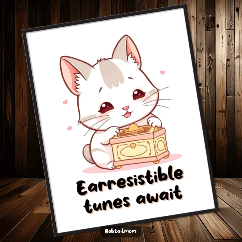 Funny Free Printable Wall Art: A Bobtail cat with perked ears intently listens to a miniature music box, creating whimsical decor.