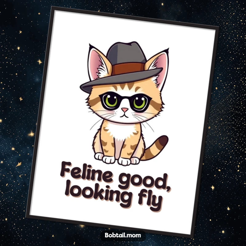 Funny free printable wall art: A bobtail cat wearing a fashionable hat poses with poise and elegance, a true work of art.