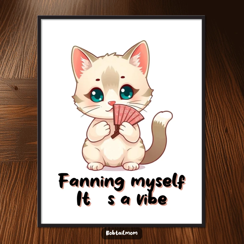 Funny Free Printable wall art: A chic Bobtail cat gracefully fanning itself with an ornate decorative fan.