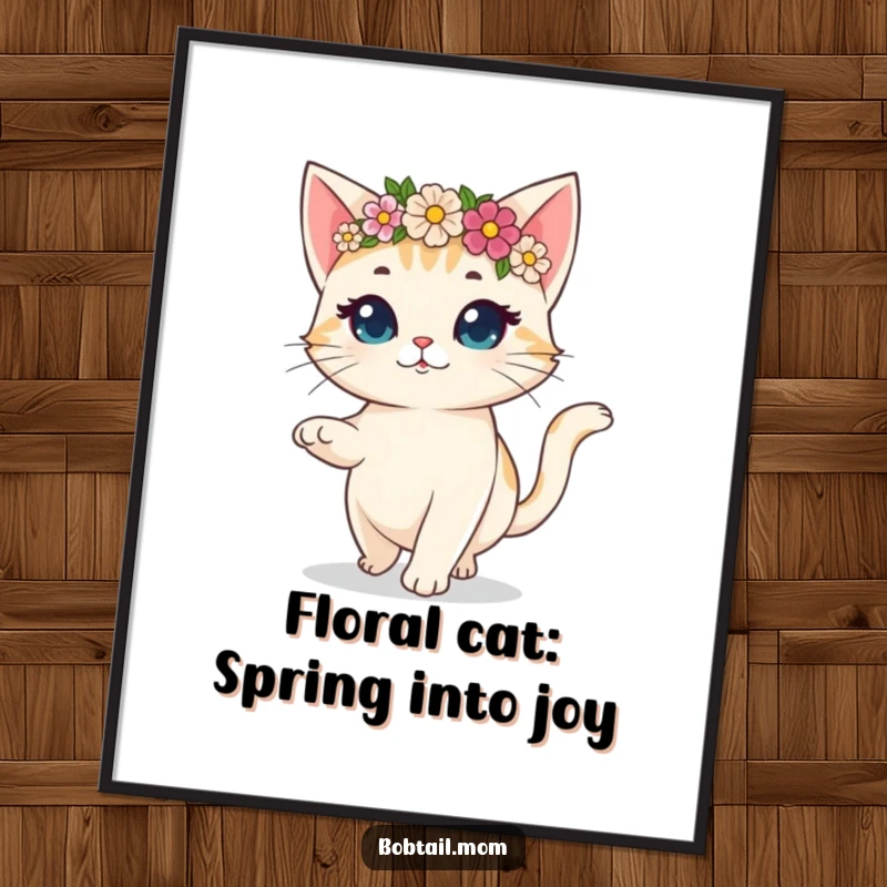 Funny Free Printable wall art of a bobtail cat wearing a flower crown, prancing gaily with a cheerful and festive demeanor.