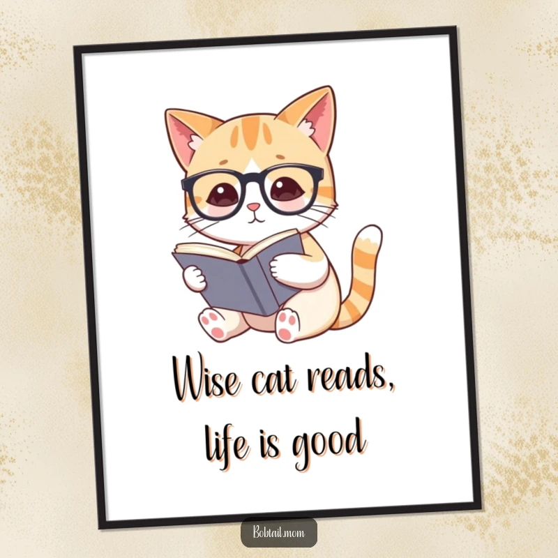 Funny Free Printable Bobtail Cat with glasses reading a book, whimsical wall art decor, literary humor downloadable.