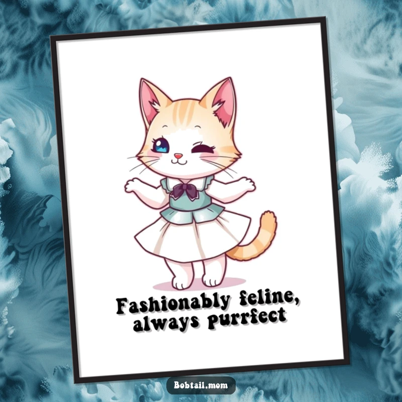 Funny Free Printable Bobtail Cat Wall Art: A graceful Bobtail cat in a stylish dress, artfully twirling, adding charm to any room.