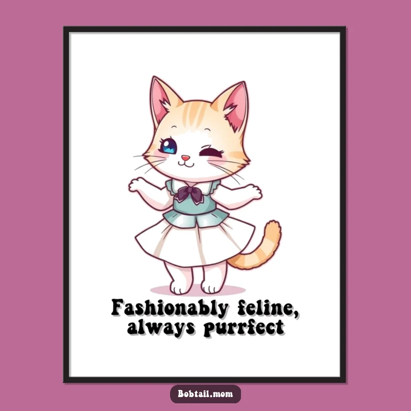 Free Printable Bobtail Cat Wall Art: Elegant Dress Twirling Feline Funny Downloadable Home Decor