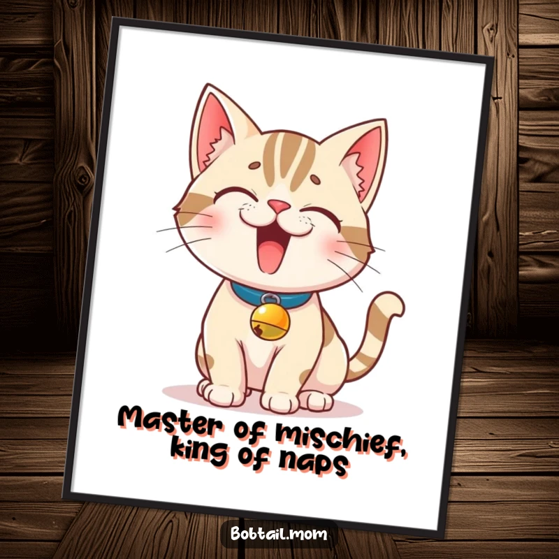 Funny Free Printable Wall Art: A Bobtail cat wearing a tiny bell collar, striking a mischievous pose.