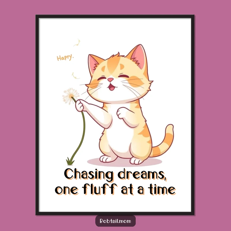 Free Printable Bobtail Cat Wall Art: Playful Dandelion Fluff Chase Decor