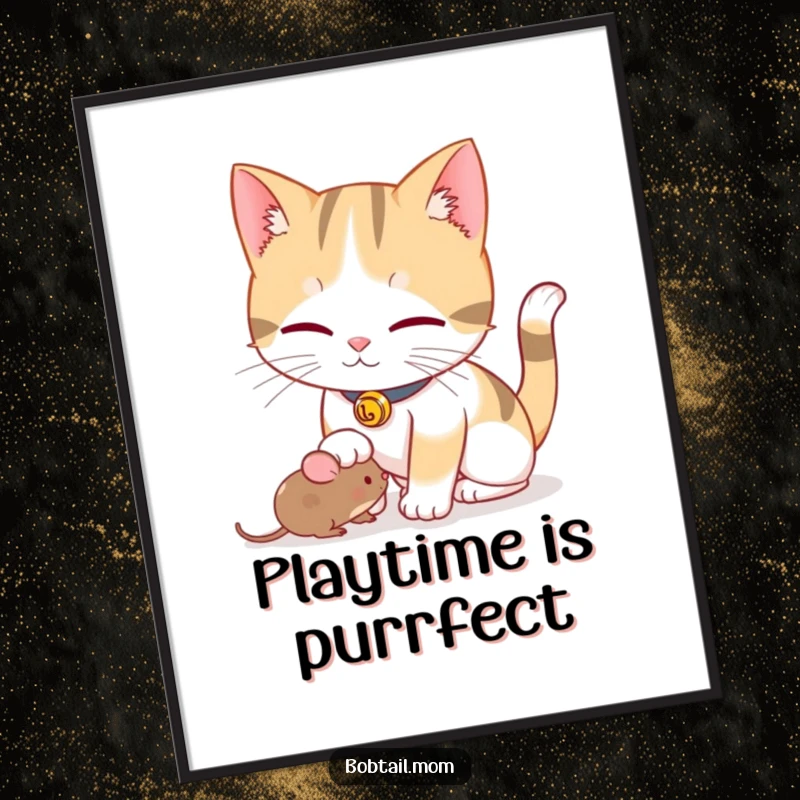 Funny Free Printable Wall Art: Playful Bobtail cat with bell collar nudging a toy mouse, caught in a moment of fun.