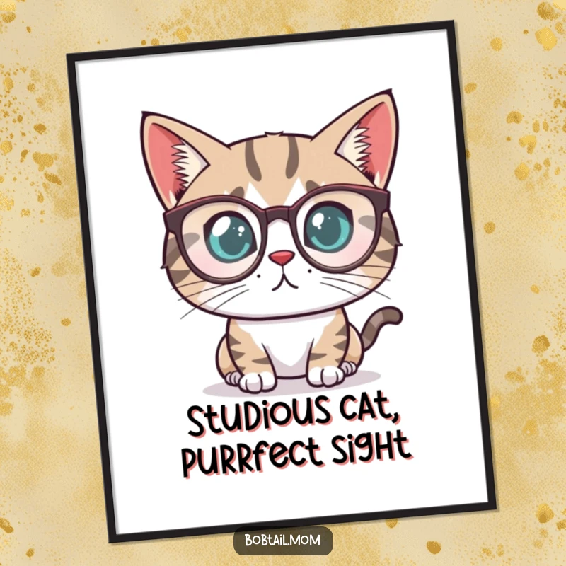 Funny Free Printable Wall Art: Determined Bobtail cat wearing tiny reading glasses, looking studious and wise.