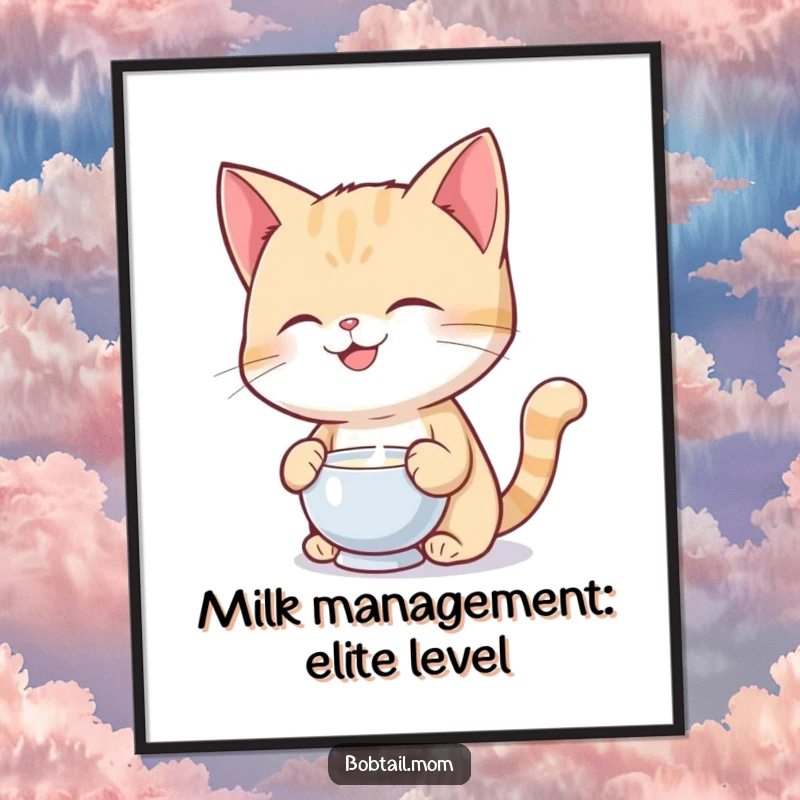 Funny Free Printable Wall Art: A joyful bobtail cat precariously balances a saucer of milk, adding quirky decor.