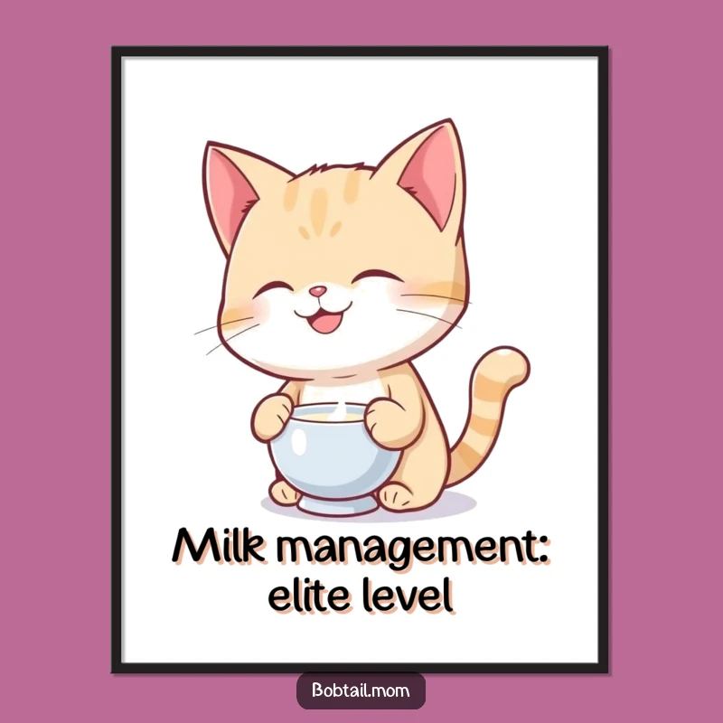 Free Printable Wall Art: Amusing Bobtail Cat Milk Balance, Funny Downloadable Decor Gift