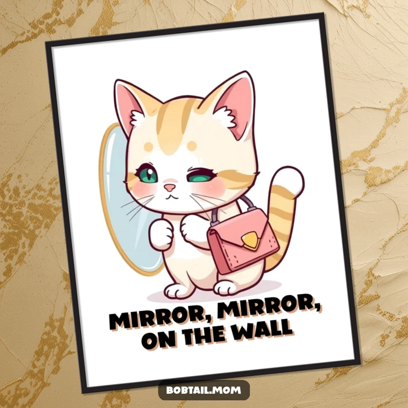 Funny Free Printable wall art: A Bobtail cat with a tiny purse checking its reflection and posing fabulously.