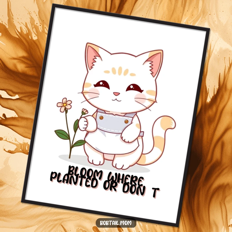Funny Free Printable wall art: A Bobtail cat in a cute apron lovingly tending to a small, vibrant flower.