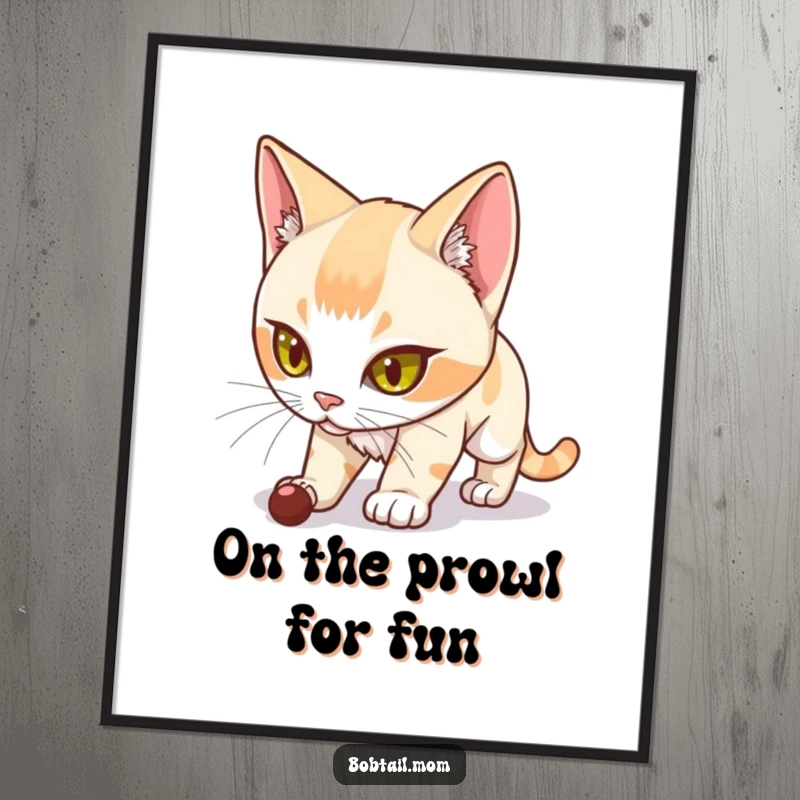 Funny Free Printable Wall Art: A Bobtail cat with a determined look, stalking an imaginary prey, ready for action.