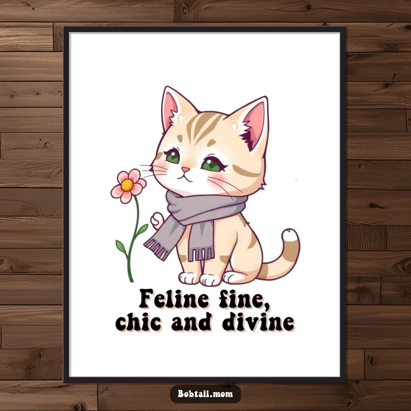 Funny free printable wall art: Bobtail cat in a scarf admiring a flower, whimsical and chic downloadable art.