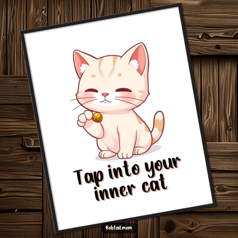 Funny Free Printable Wall Art: A Bobtail cat with a dainty paw, delicately tapping a small bell, full of mischief.