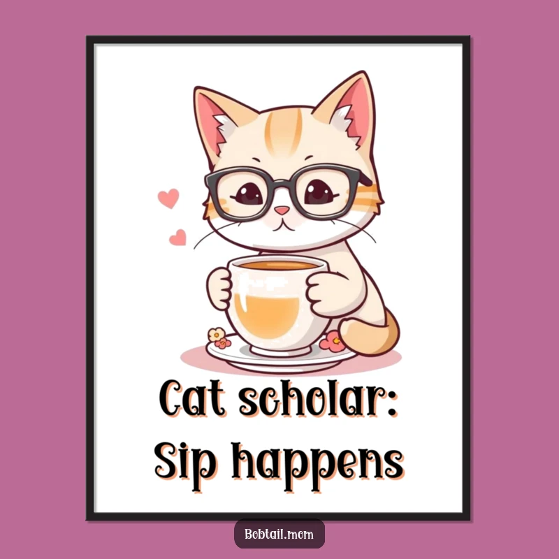 Free Printable Wall Art: Wise Bobtail Cat With Glasses Sipping Tea - Humorous Downloadable Art