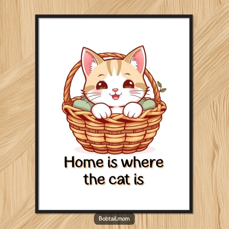 Funny Free Printable Wall Art: A cheerful Bobtail cat playfully peeks its head out from a snug, cozy basket.