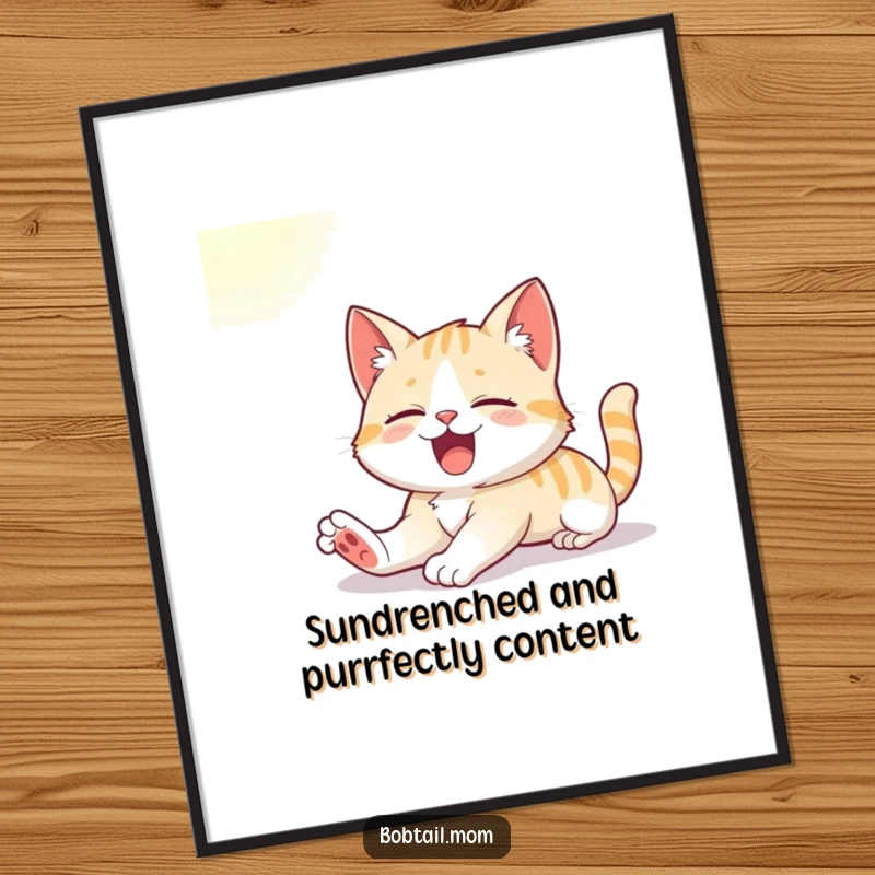 Funny Free Printable Wall Art: A cute Bobtail cat enjoys a stretch and a big yawn in a warm sunbeam.