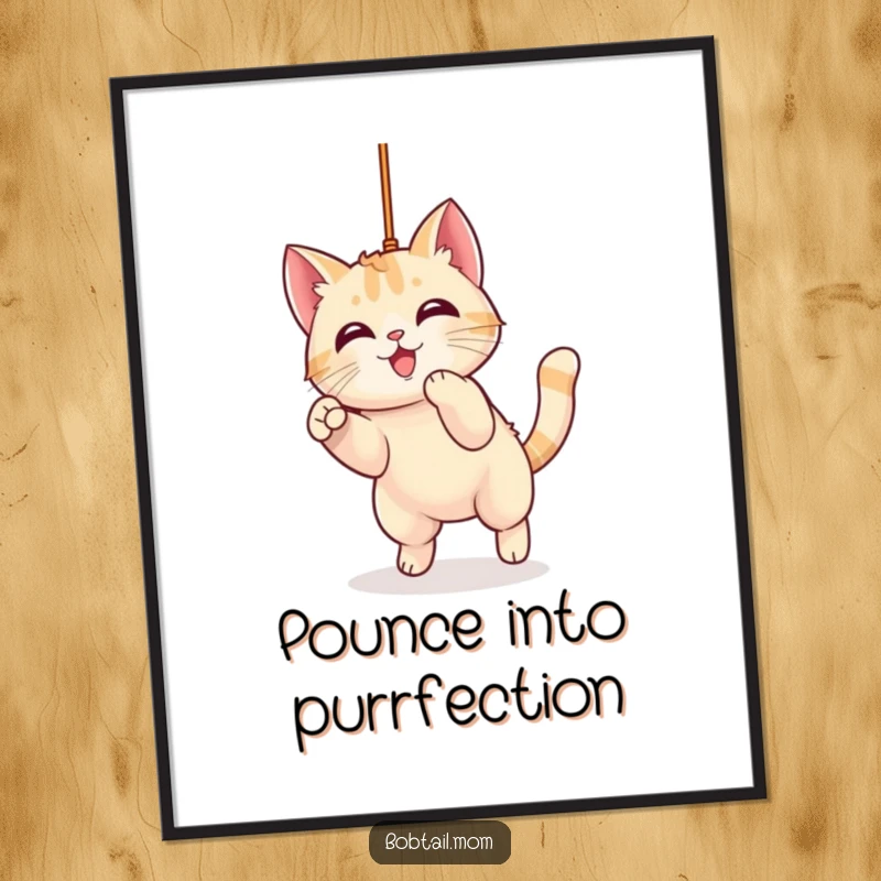 Funny Free Printable Wall Art: A cute Kawaii Bobtail cat in mid-pounce on a string, full of playful energy.