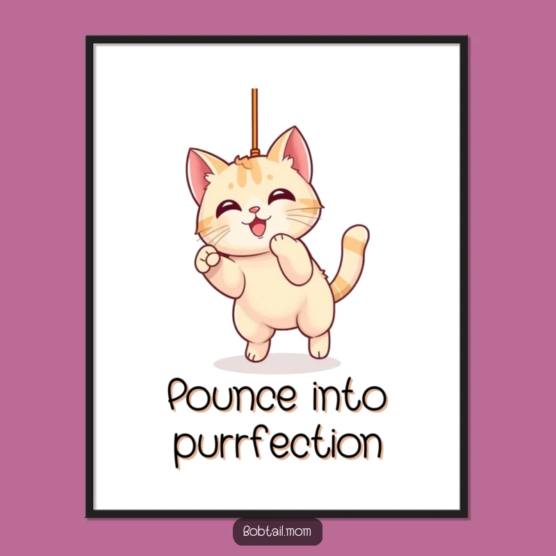 Funny Free Printable Wall Art: Kawaii Bobtail Cat Pouncing - Playful Downloadable Decor!