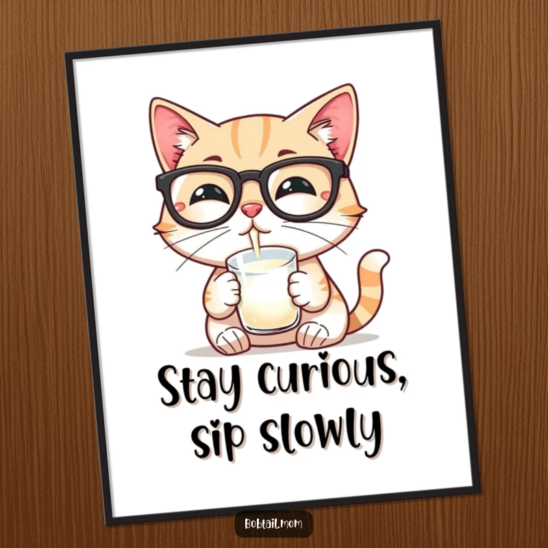Funny Free Printable Wall Art: A Bobtail cat wearing reading glasses sips milk, looking scholarly and sophisticated.