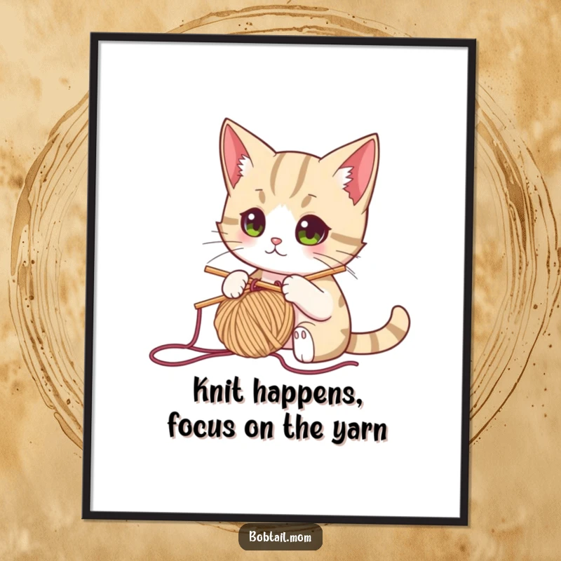 Funny Free Printable Wall Art: A bobtail cat with a knitting needle and yarn looks intently focused on its craft.