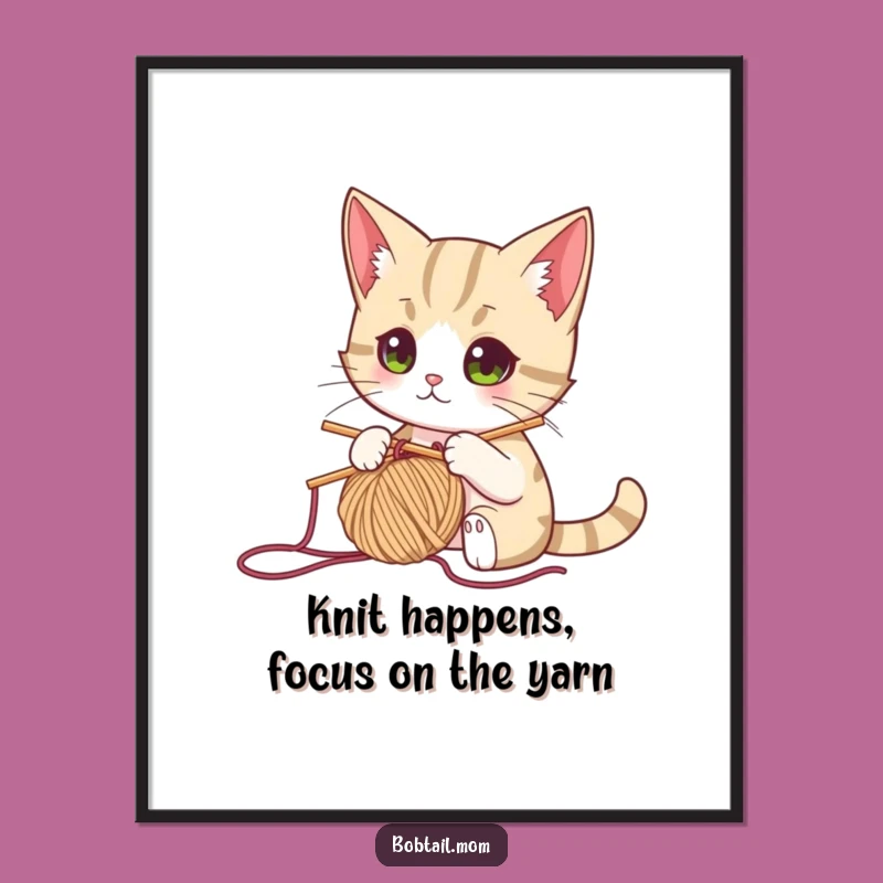 Funny Free Printable Wall Art: Focused Bobtail Cat Knitter - Downloadable Cozy Decor