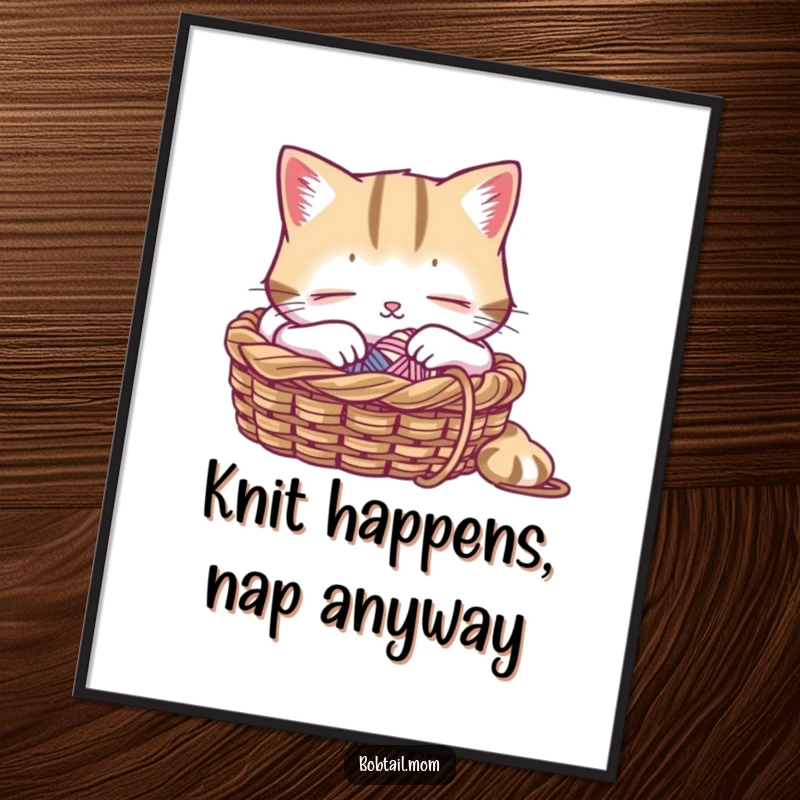 Funny Free Printable Wall Art: A Bobtail cat rests peacefully within its knitting basket, embodying ultimate relaxation.