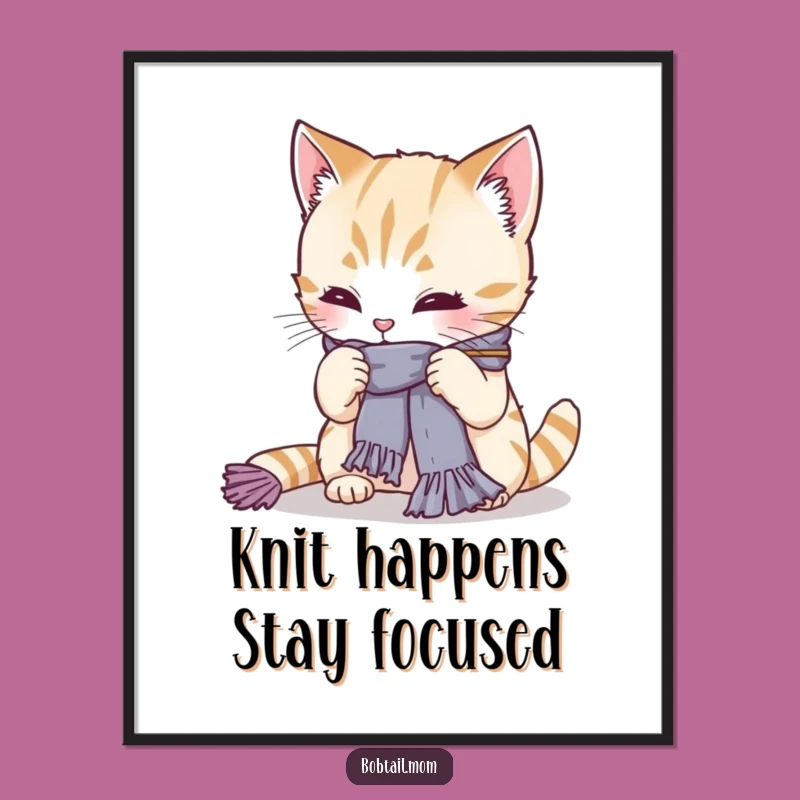 Free Printable Wall Art: Funny Bobtail Cat Knitting, Hilarious Downloadable Home Decor
