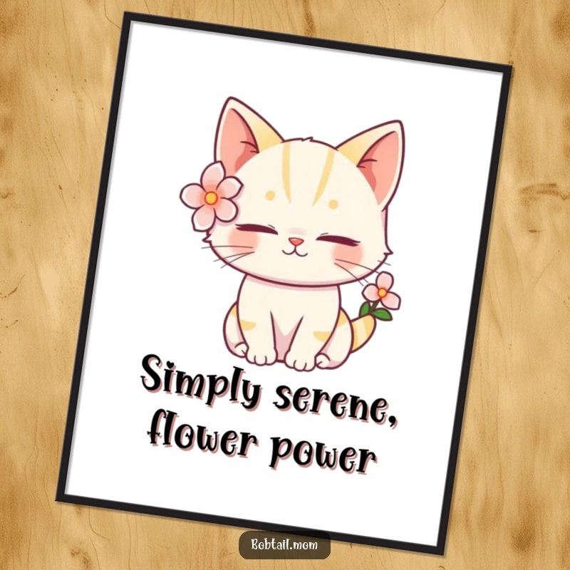 Funny Free Printable Wall Art: A bobtail cat wearing a flower behind its ear looks serenely beautiful.